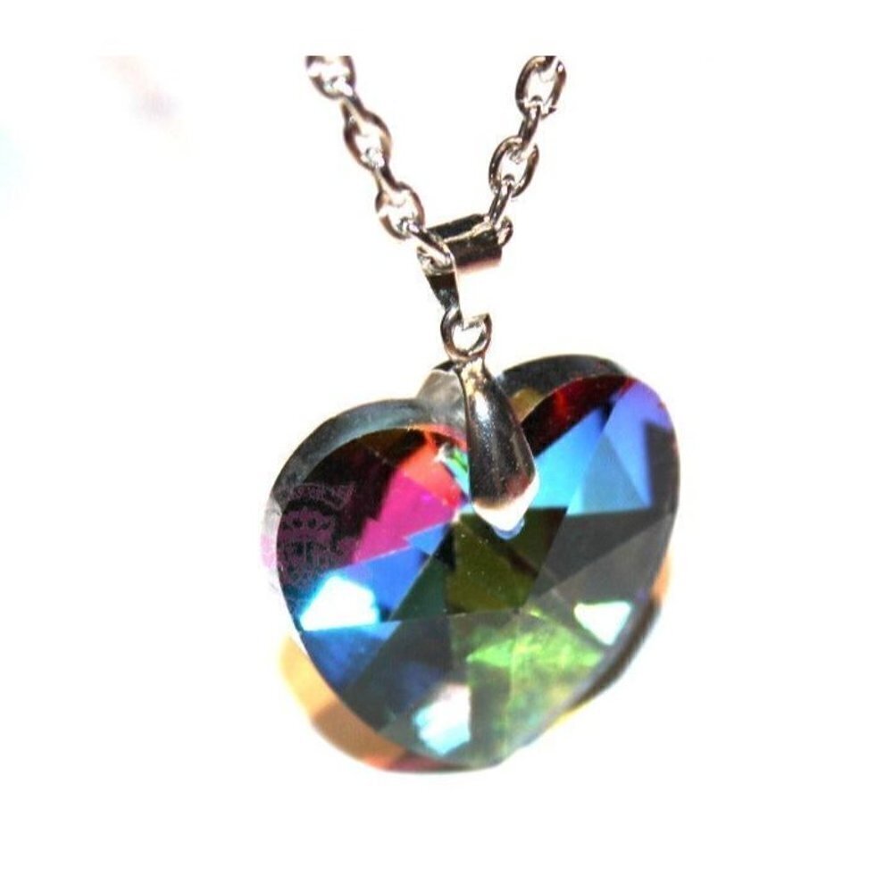 1" Rainbow Aurora Borealis Crystal Love Heart Mystic Ab Valentines Day Necklace - Picture 2 of 6